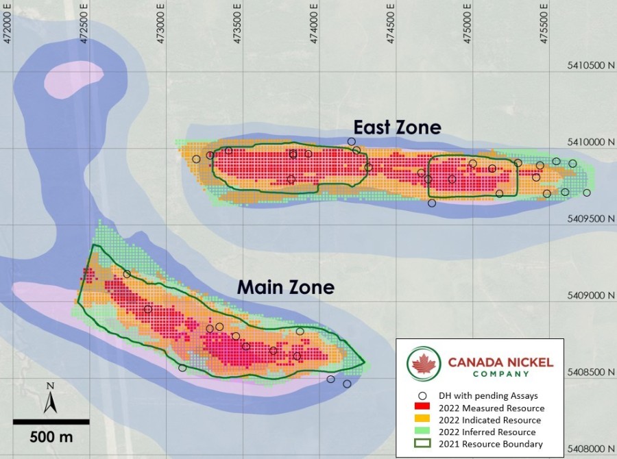 Figure 3 – Plan View of Crawford – 2022 M&I Resource versus 2021 M&I Resource (CNW Group/Canada Nickel Company Inc.)