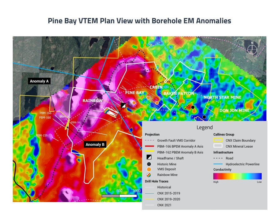 Pine Bay Plan View with VTEM and Borehole EM - March 2022 (CNW Group/Callinex Mines Inc.)