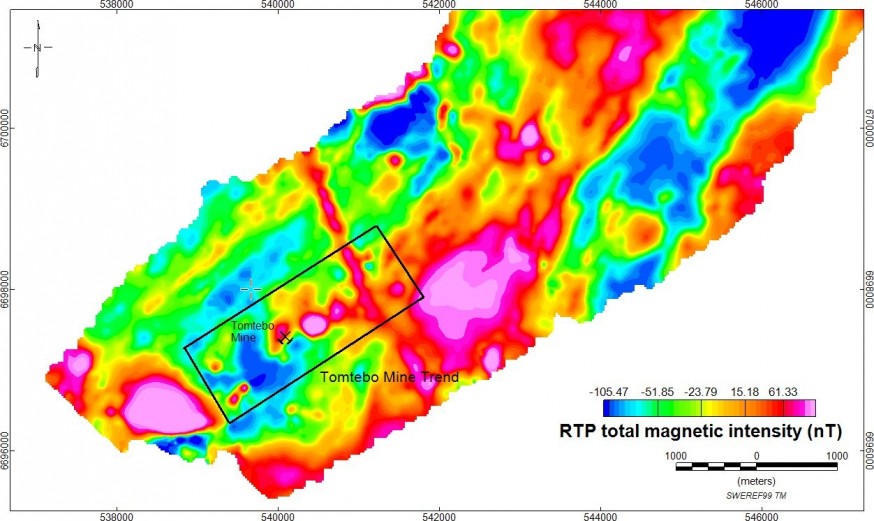 Figure 1: Tomtebo Mine Trend with Reduced to Pole Magnetics (CNW Group/District Metals Corp.)