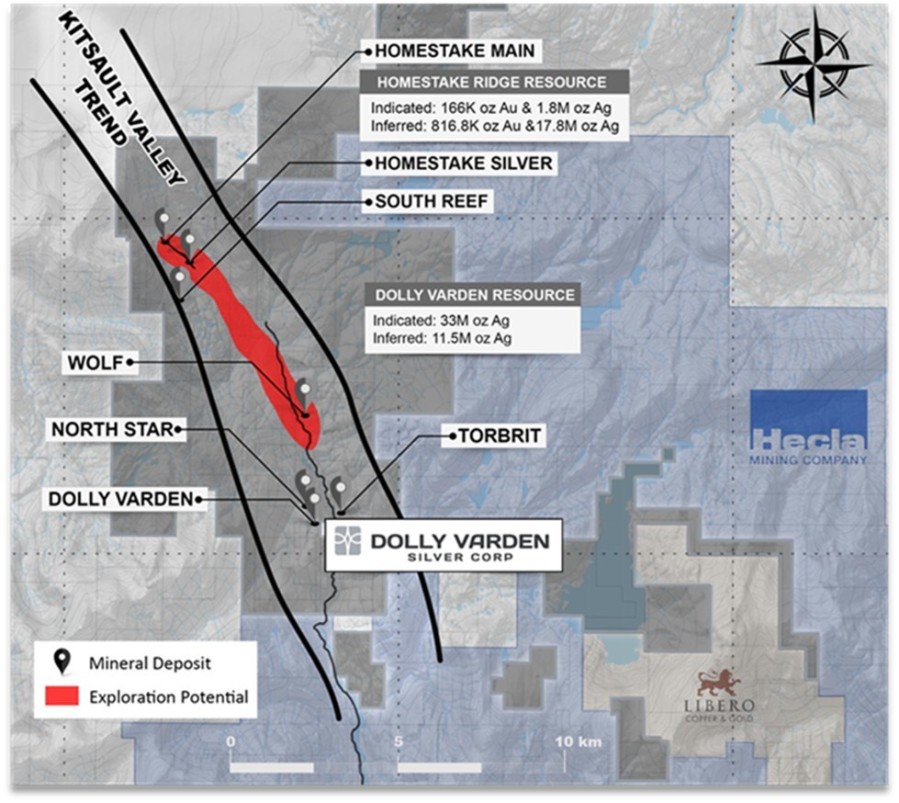 Figure 1 recently consolidated Kitsault Valley Project with Exploration potential between known deposits (CNW Group/Dolly Varden Silver Corp.)