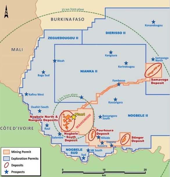 Figure 1: Wahgnion Gold Project operations and prospects, with near term target areas underlined
Source: Endeavour presentation dated 30 September 2021 (CNW Group/Elemental Royalties Corp.)