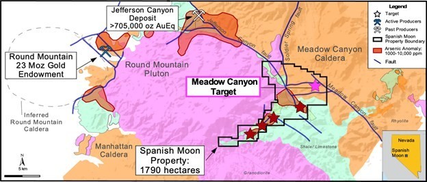 Figure 1. Digital geologic map of Nevada from the Nevada Bureau of Mines and Geology showing the regional geology to include major faults, gold mineral occurrences, Spanish Moon Targets (red stars = targets outside of Meadow Canyon Plan of Operations, pink star = target within Meadow Canyon Plan of Operations), and arsenic anomalies (Shaw, 2003). Round Mountain gold endowment from Kinross (2021), Jefferson Canyon inferred gold resource from Gold79 (2022). (CNW Group/Eminent Gold Corp.)