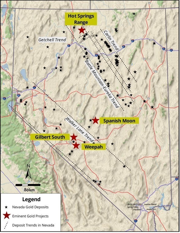 Figure 1. Location map showing the Gilbert South project in Walker Lane Trend, Nevada (CNW Group/Eminent Gold Corp.)