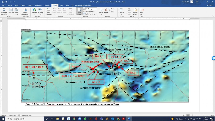 Fig. 1 Magnetic linears, eastern Drummer Fault - with sample locations (CNW Group/Essex Minerals Inc)