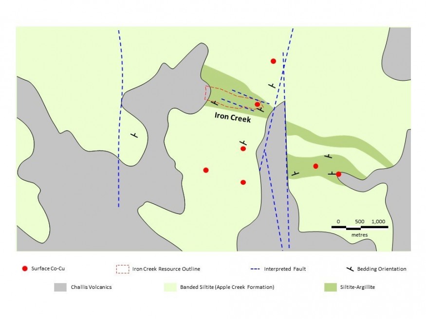 Figure 1. Bedrock geology and surface expression of cobalt-copper mineralization at the Iron Creek deposit and other known exposures of mineralization, including Ruby. The black box outlines the approximate extent of the 2020 geophysical survey. (CNW Group/First Cobalt Corp.)