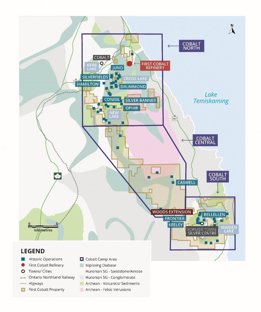 Figure 1. First Cobalt property in proximity to the town of Cobalt (north) and the former town of Silver Centre (south), as well as rail, regional highway, and the First Cobalt Refinery. Place names refer to areas recently explored and targeted by drilling. (CNW Group/First Cobalt Corp.)