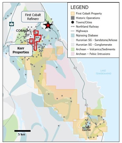 Figure 1. Location and bedrock geology of the Canadian Cobalt Camp properties highlighting First Cobalt’s Kerr Assets (red box) and the Remaining Assets (orange shading) comprising its land package. (CNW Group/First Cobalt Corp.)