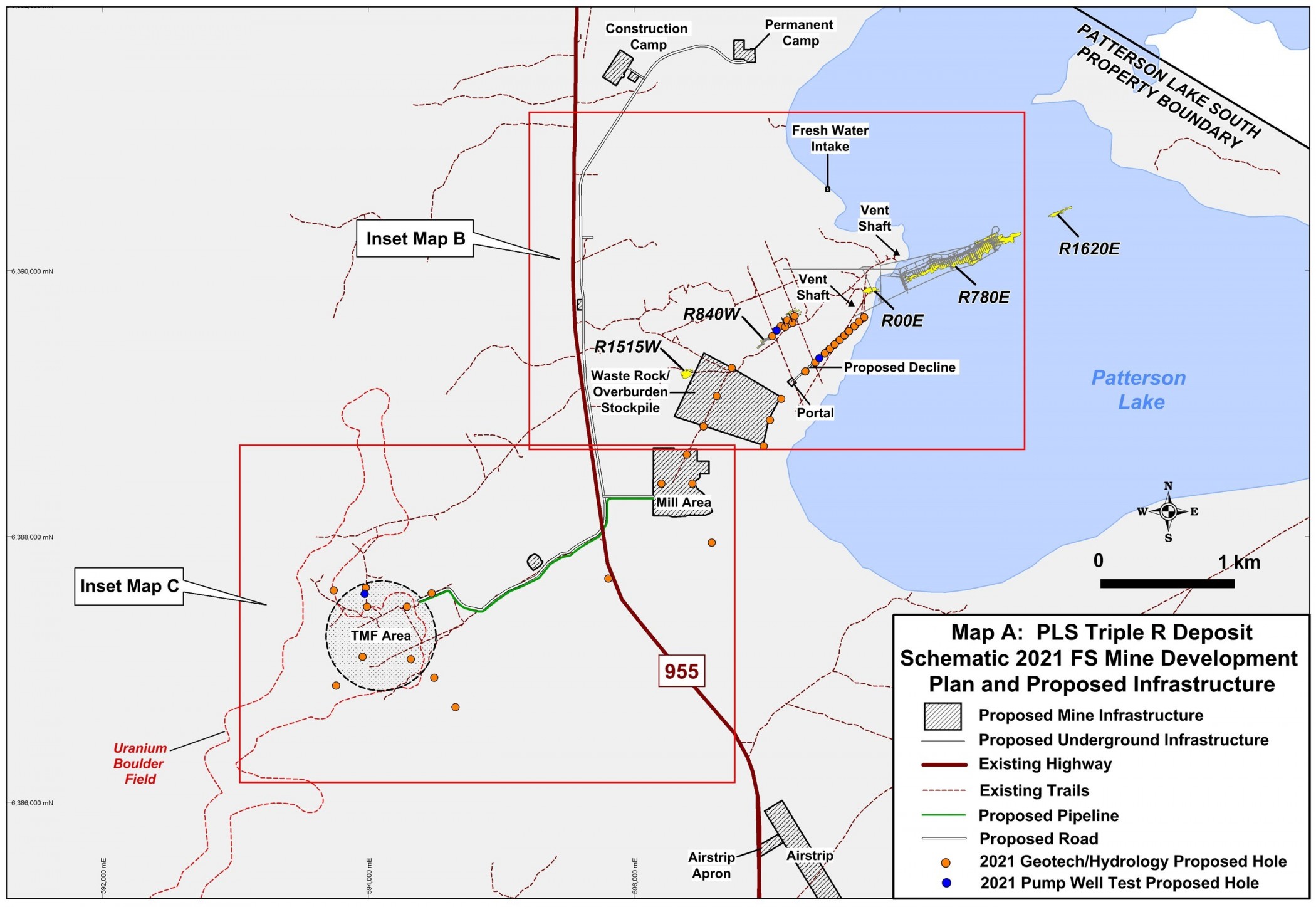 Map A: PLS Triple R Deposit Schematic 2021 FS Mine Development Plan and Proposed Infrastructure. (CNW Group/Fission Uranium Corp.)