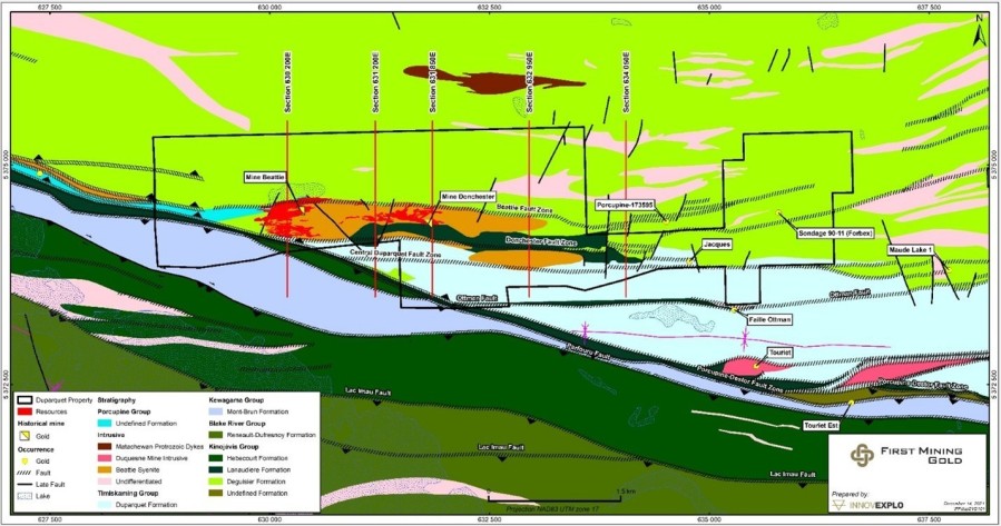 Figure 1: Geology of the Duparquet Project. Structural and geometric details are represented by surface projections of the relevant structural elements from the deposit-scale 3D litho-structural model (CNW Group/First Mining Gold Corp.)