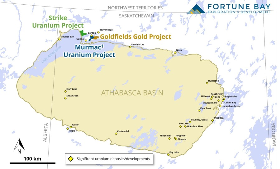 Figure 1: Location of the Goldfields, Strike and Murmac Projects relative to the Athabasca Basin (CNW Group/Fortune Bay Corp.)