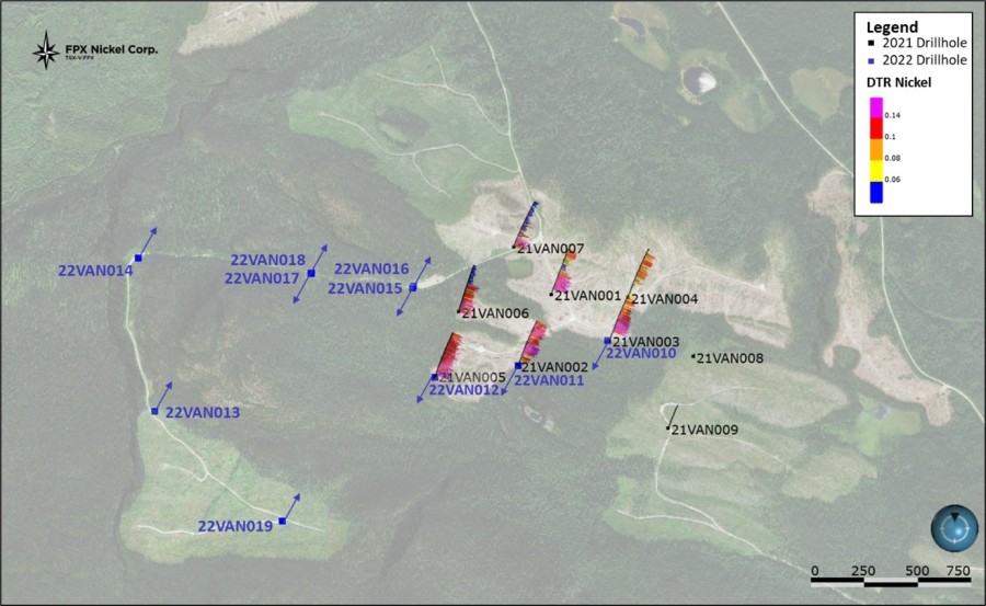 Figure 1: Van Target – Summary of Drillhole Locations for 2021 and 2022 Programs (CNW Group/FPX Nickel Corp.)