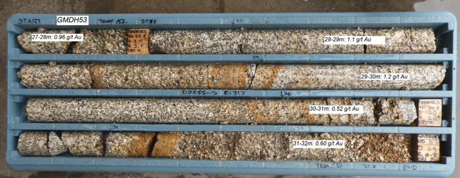 Figure 1: GMDH53 27-32m interval example of mineralised granitic drill core (CNW Group/Fosterville South Exploration Ltd.)