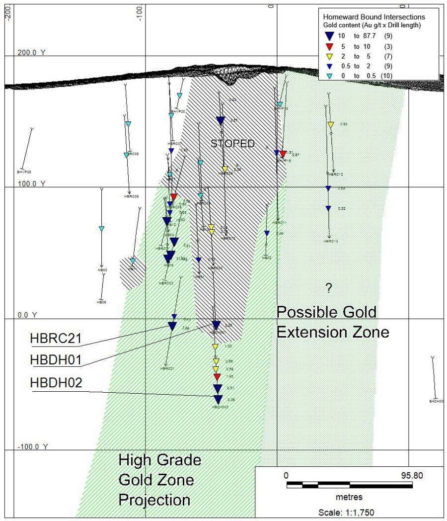 Figure 1 – Longitudinal Section of the drilling at Homeward Bound prospect, Beechworth (CNW Group/Fosterville South Exploration Ltd.)