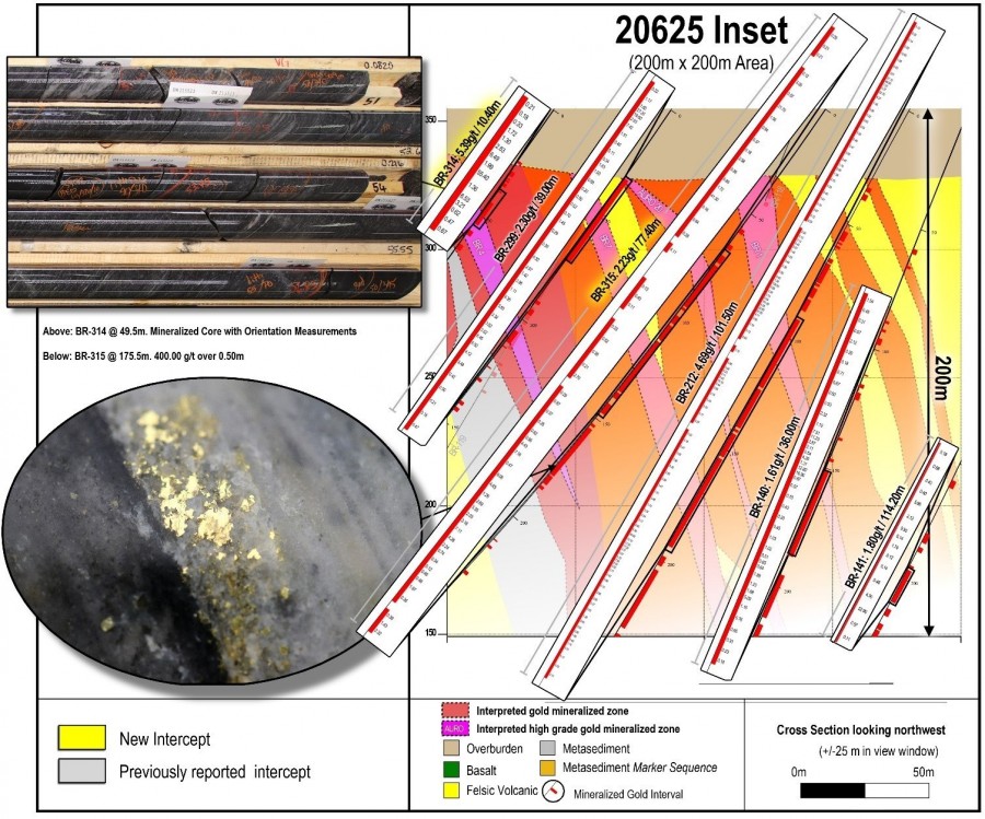 Figure 1: Example cross section 20625 showing all individual assays from reported highlighted intervals with labelled high-grade domains in the near-surface, 200 m x 200 m area of the LP Fault zone. Gold image is of a select interval and does not represent all gold mineralization on the property. (CNW Group/Great Bear Resources Ltd.)
