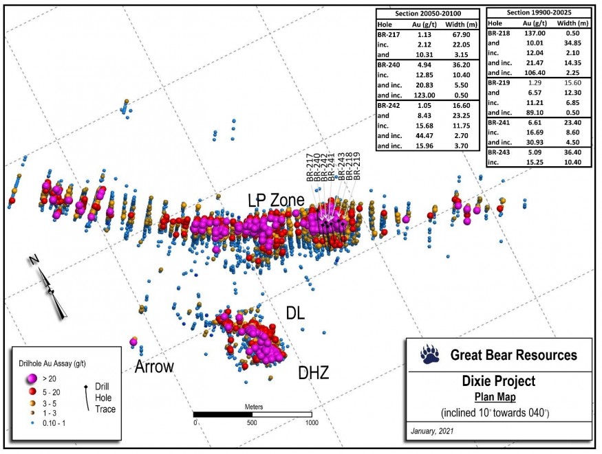 Figure 1: Inclined plan map of the Dixie Project's gold zones showing the traces of the 25 metre spaced drill holes disclosed in this release.  Grid squares are 1 kilometre by 1 kilometre. (CNW Group/Great Bear Resources Ltd.)