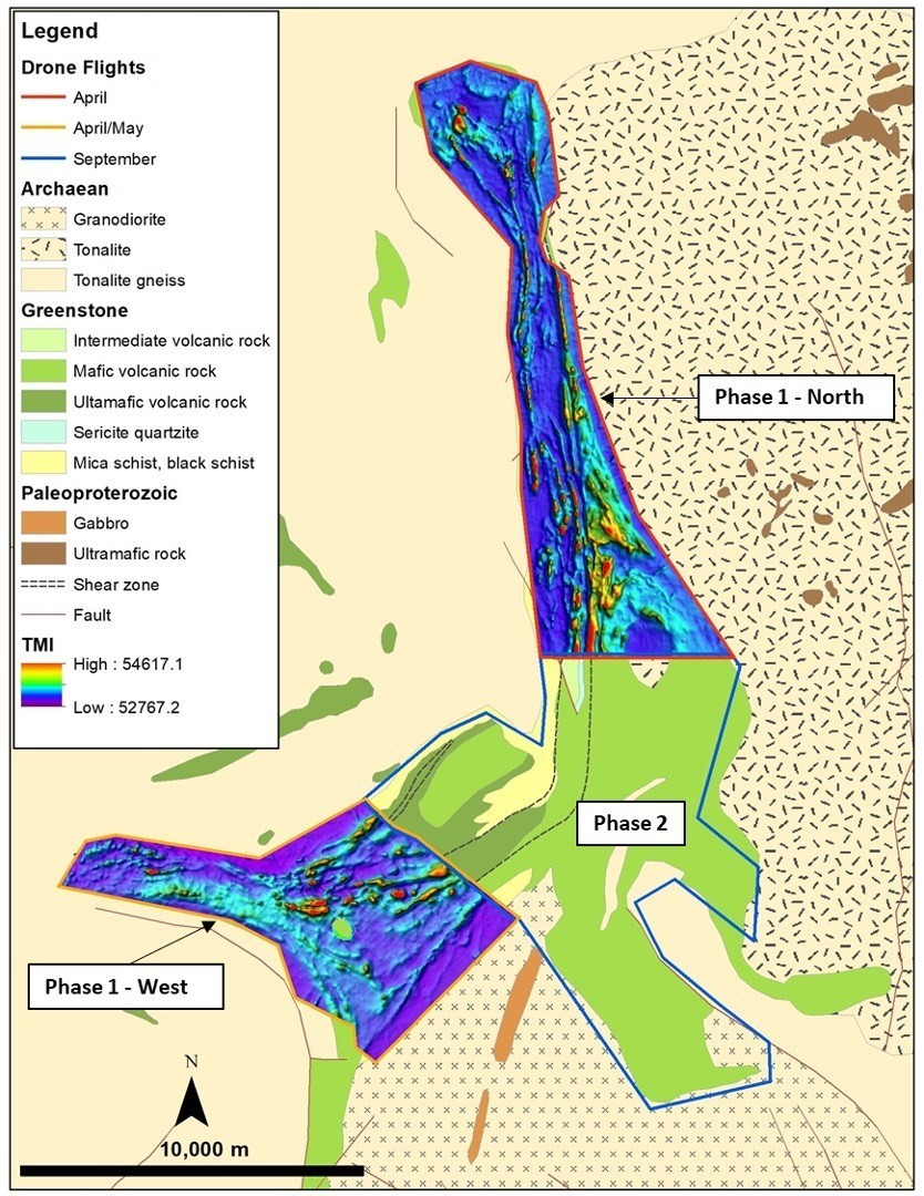 Figure 1: Phase 1 UAV magnetic coverage over the Oijärvi greenstone belt flown in April/May 2022 showing Total Magnetic Intensity (TMI). (CNW Group/Gold Line Resources Ltd.)