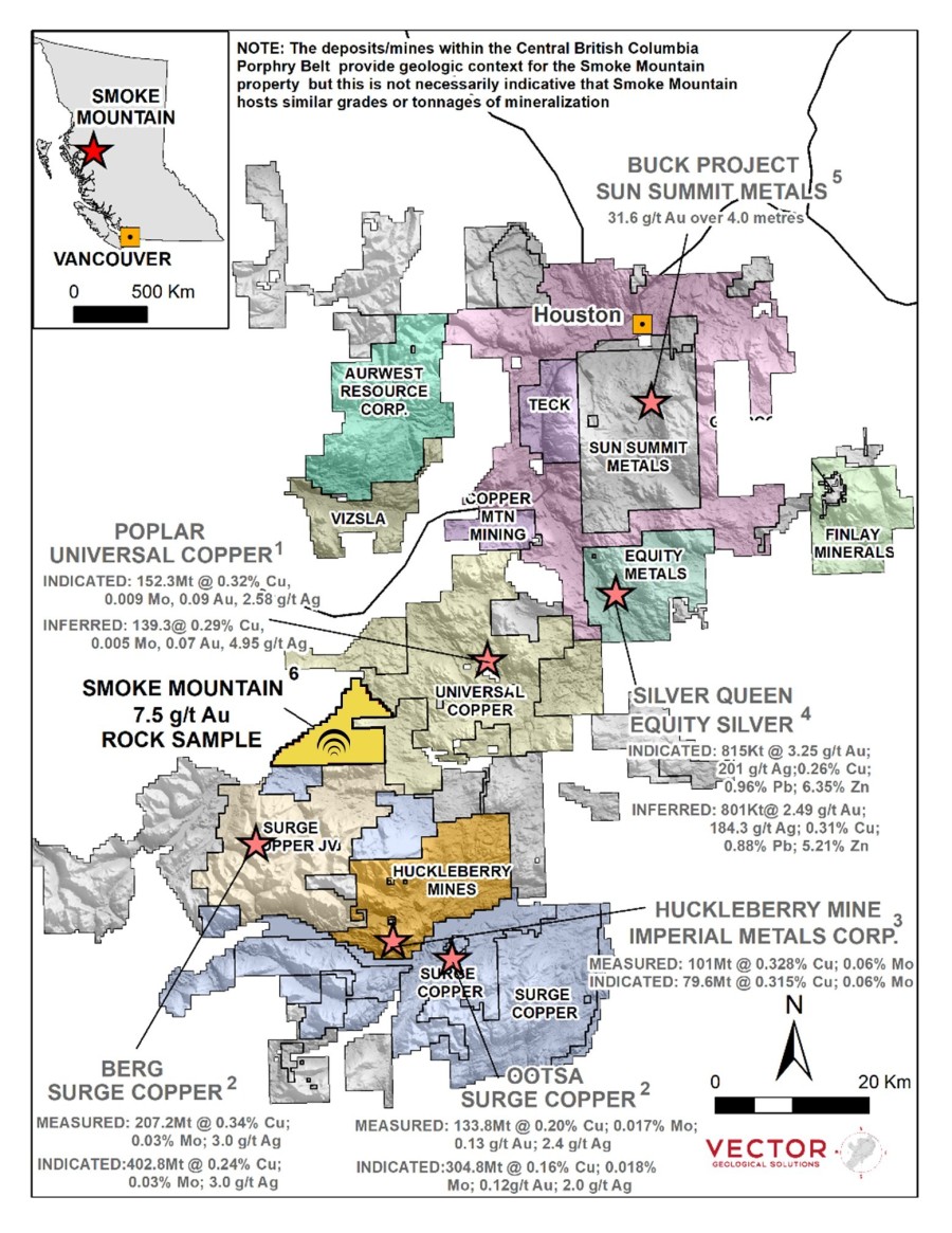 Figure 1. The location of the Smoke Mountain property in the Central BC porphyry-epithermal belt. Note: The deposits, mines, and prospects in this part of BC provide geologic context for the Smoke Mountain property, but these are not necessarily an indication that the Property hosts similar grades or tonnages of mineralization. (CNW Group/GoldHaven Resources Corp.)