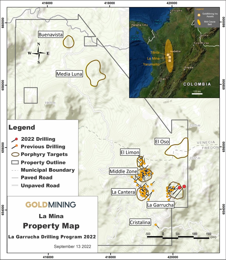 GoldMining news release Sep 13, 2022 (Figure 1 – La Mina Property, deposits and exploration targets, Antioquia, Colombia) (CNW Group/GoldMining Inc.)