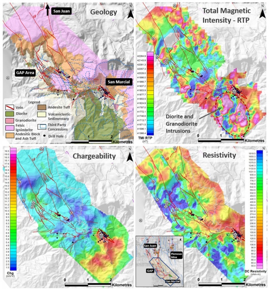 Figure 1   Magnetic Data, Chargeability, Resistivity and Geology Maps connecting the San Marcial, GAP and San Juan Areas (CNW Group/GR Silver Mining Ltd.)