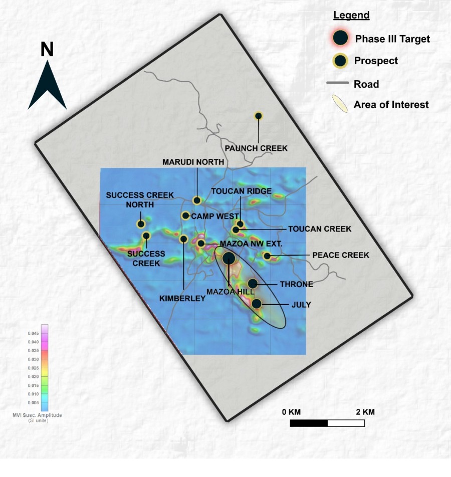 Overview of the Marudi Mountain Property with Magnetization Vector Inversion (MVI) 100m depth slice map as background. Phase III Drill targets are highlighted. (CNW Group/Golden Shield Resources)