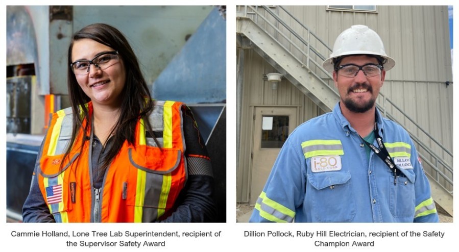 Cammie Holland(left), Lone Tree Lab Superintendent, received the Supervisor Safety Award and Dillion Pollock(right), Ruby Hill Electrician, received the Safety Champion Award (CNW Group/i-80 Gold Corp)