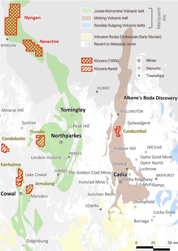 Figure 1: Kincora and RareX’s district scale license portfolio covers a total of 1732km2 in the Lachlan Fold Belt, central New South Wales, Australia. Distribution of Ordovician volcanic belts, showing major porphyry copper-gold mining centres and the extent of younger cover sequences based on 1:250,000 scale mapping. The Lachlan Fold Belt hosts Newcrest’s Cadia-Ridgeway camp (located in the Molong belt) and China Molybdenum Group’s Northparkes mine (Junee-Narromine volcanic belt). (CNW Group/Kincora Copper Limited)