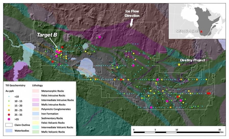 Figure 1. Chicobi Project Lithology and Geochemistry Results (CNW Group/Kenorland Minerals Ltd.)