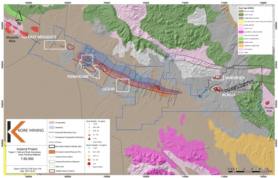 FIGURE 1: SAMPLING RESULTS SINCE APRIL 13, 2021 INCLUDING TARGET AREAS (CNW Group/Kore Mining)