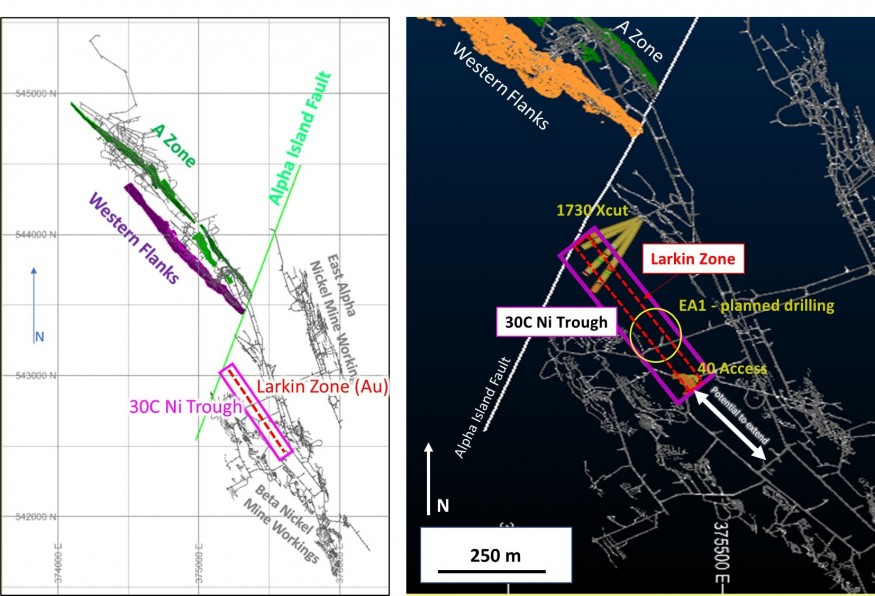 Figure 1: Plan view showing the drill traces targeting the 30C nickel trough south of the Alpha Island Fault and the location of the 30C Trough and Larkin Gold Zone (CNW Group/Karora Resources Inc.)