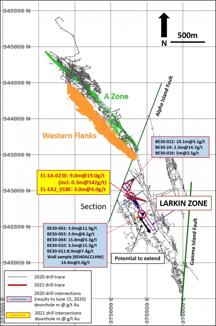 Figure 1: Plan view showing location of Larkin Zone and recent drill traces at Beta Hunt 
(2020 drill intersections to June 15, 2020 are detailed in Karora news release, September 10, 2020.) (CNW Group/Karora Resources Inc.)