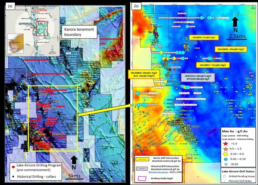 Figure 1: (a) Regional TMIRTP NE Sun aeromagnetic image highlighting Phase 1 reconnaissance lake aircore drilling program; (b): GBA267 gravity (1km residual) image centred about completed aircore drilling showing new results (larger circles) with respect to historical drill results (smaller circles). (CNW Group/Karora Resources Inc.)