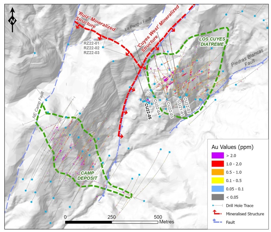 Figure 1. Simplified structural map showing mineralized structures and the Los Cuyes diatreme. (CNW Group/Luminex Resources Corp.)