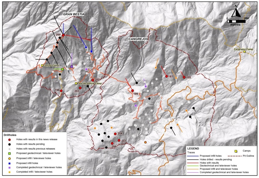 Figure 1. Plan map of drilling at the Cangrejos project including the surface trace of the two ultimate pits from the PEA. (CNW Group/Lumina Gold Corp.)