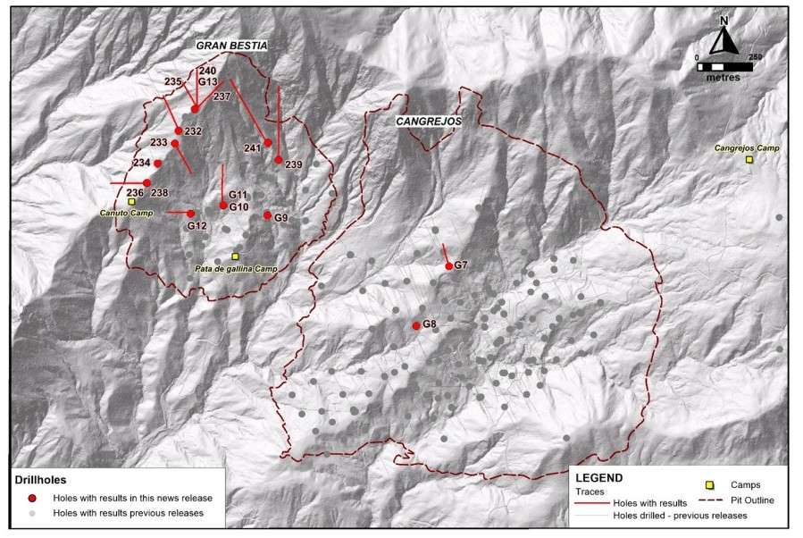 Figure 1. Plan map of drilling at the Cangrejos project including the surface trace of the two ultimate pits from the 2020 PEA. (CNW Group/Lumina Gold Corp.)