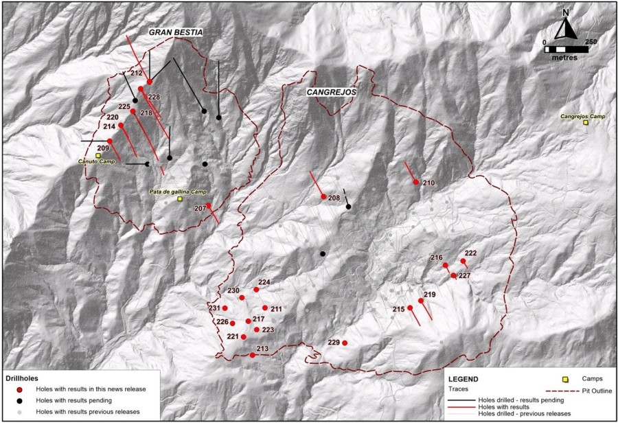 Figure 1. Plan map of drilling at the Cangrejos project including the surface trace of the two ultimate pits from the PEA. (CNW Group/Lumina Gold Corp.)