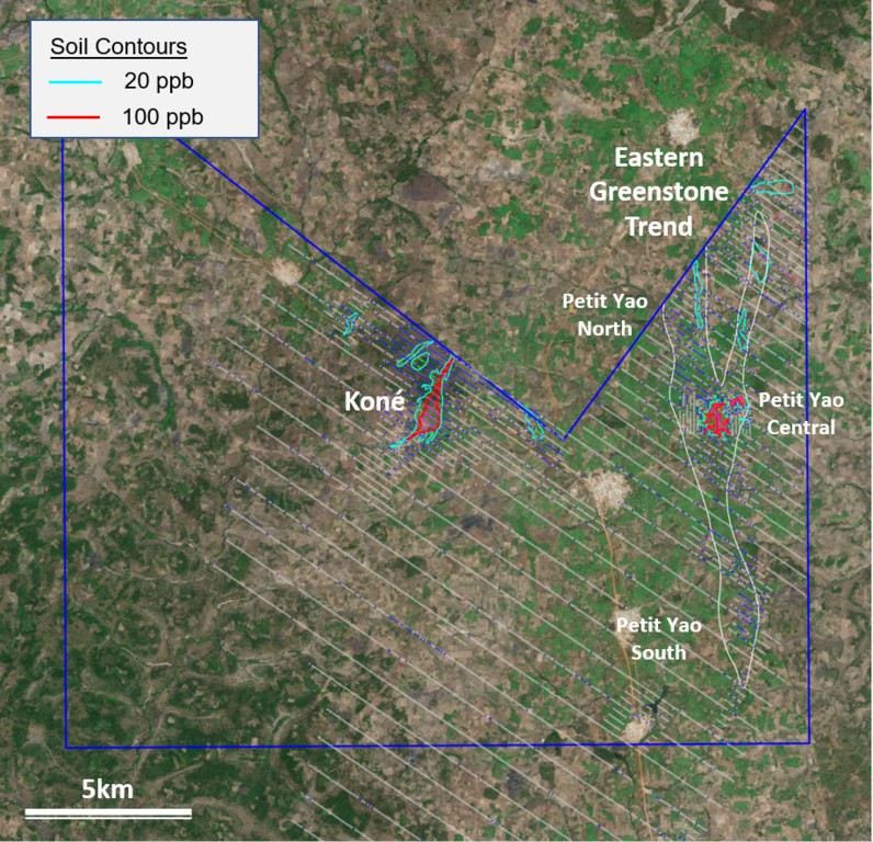 Figure 1: Koné Exploration License with Petit Yao Target Areas Highlighted (CNW Group/Montage Gold Corp)