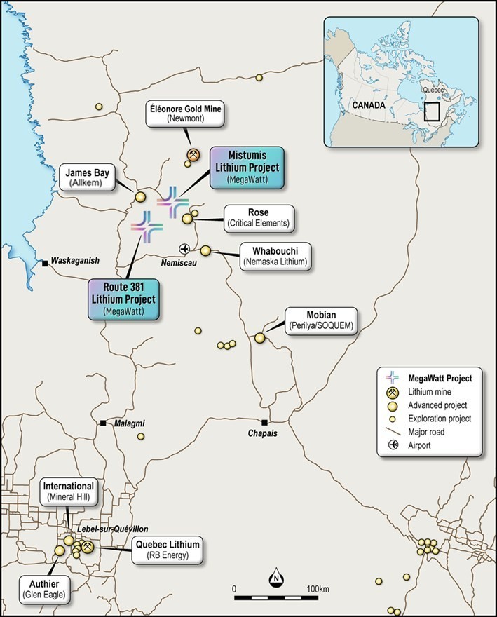 FIGURE 1: ROUTE 381 & MISTUMIS LITHIUM PROJECTS
Source: Megawatt geology team (CNW Group/MegaWatt Lithium and Battery Metals Corp.)