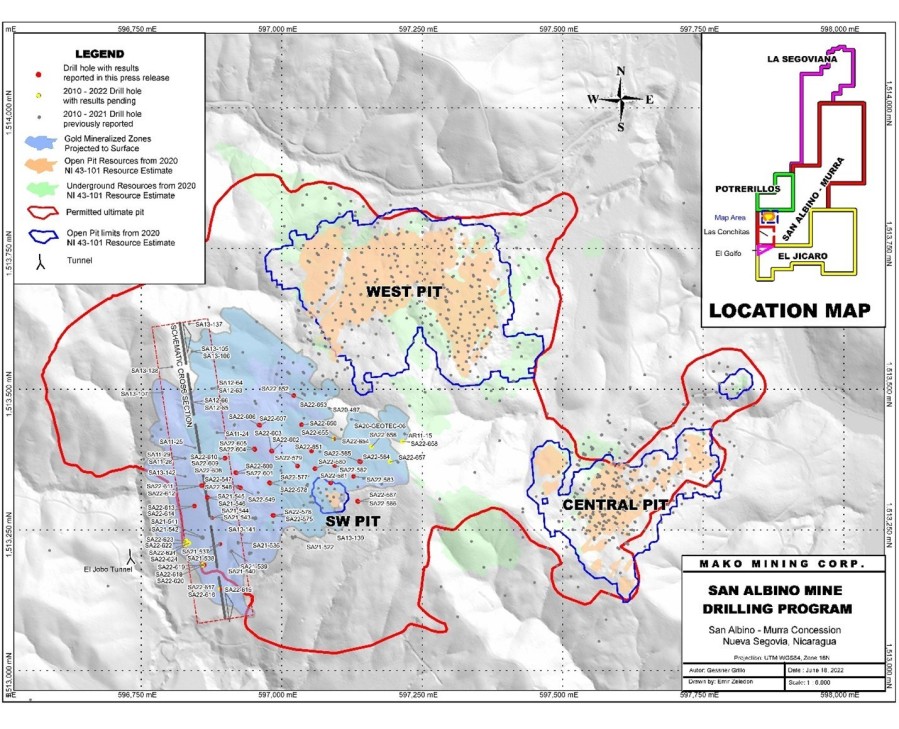 Figure 1. San Albino Mine Drilling Program (CNW Group/Mako Mining Corp.)