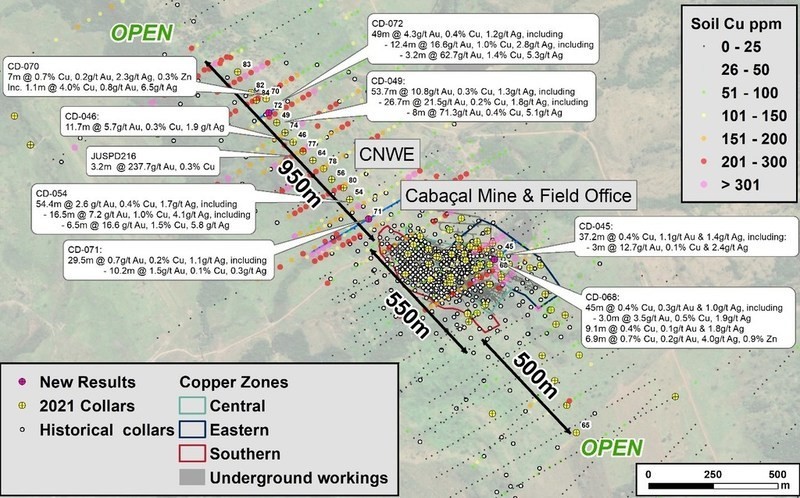 Figure 1: Map of significant results reported today. (CNW Group/Meridian Mining UK Societas)