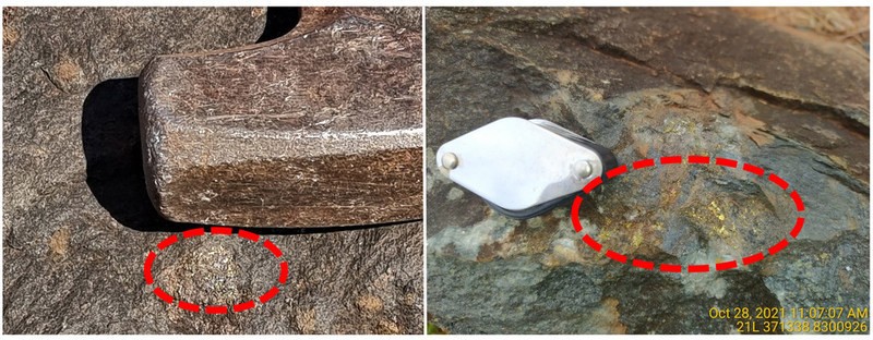 Photo 1: Examples of mineralization located in the C2A Target (Area 1 of Figure 1). Left: Example of blebby chalcopyrite-pyrite-bearing mafic rock, grading 0.4% Cu, 0.2% Zn (CBRO00027). Right: coarse chalcopyrite-dominant mineralization associated with strong chloritic alteration (assays pending). (CNW Group/Meridian Mining UK Societas)