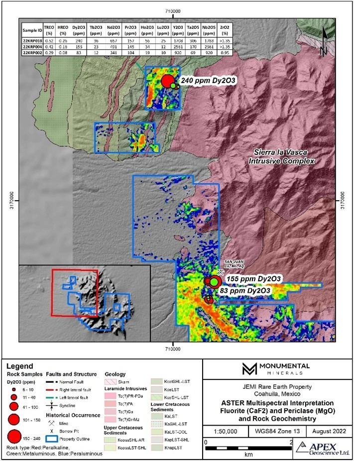 A - Figure 1. The spectral band for fluorite and periclase (A) and the probability model for REE targets (B) will be used to guide the upcoming exploration campaign at the Jemi project. In both images, hotter colours are considered more prospective. (CNW Group/Monumental Minerals Corp.)