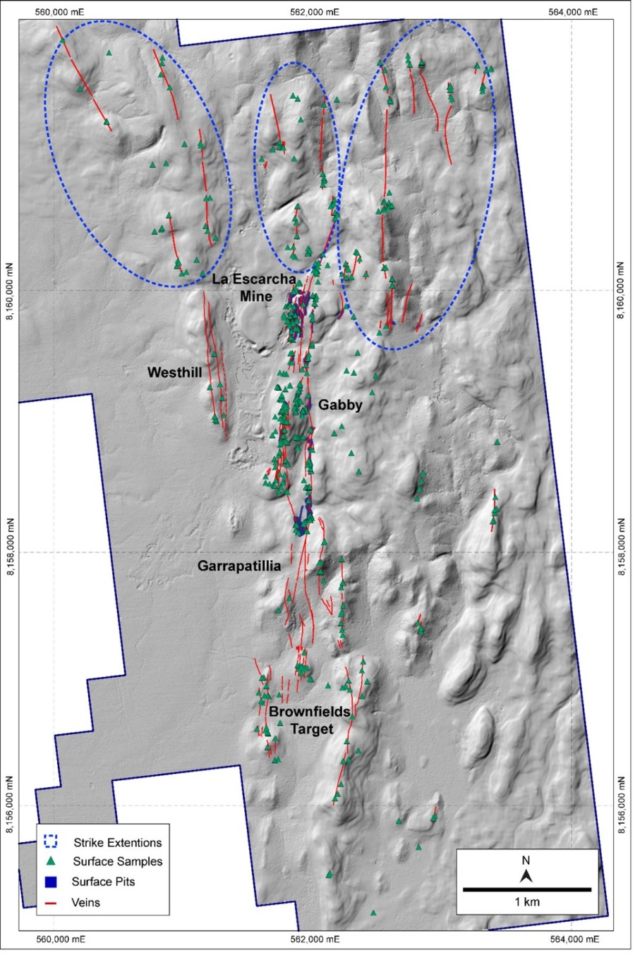 Figure 1 – Surface Sample Assays Collected and New Vein Extensions at the Golden Hill Property (CNW Group/Mantaro Precious Metals Corp.)