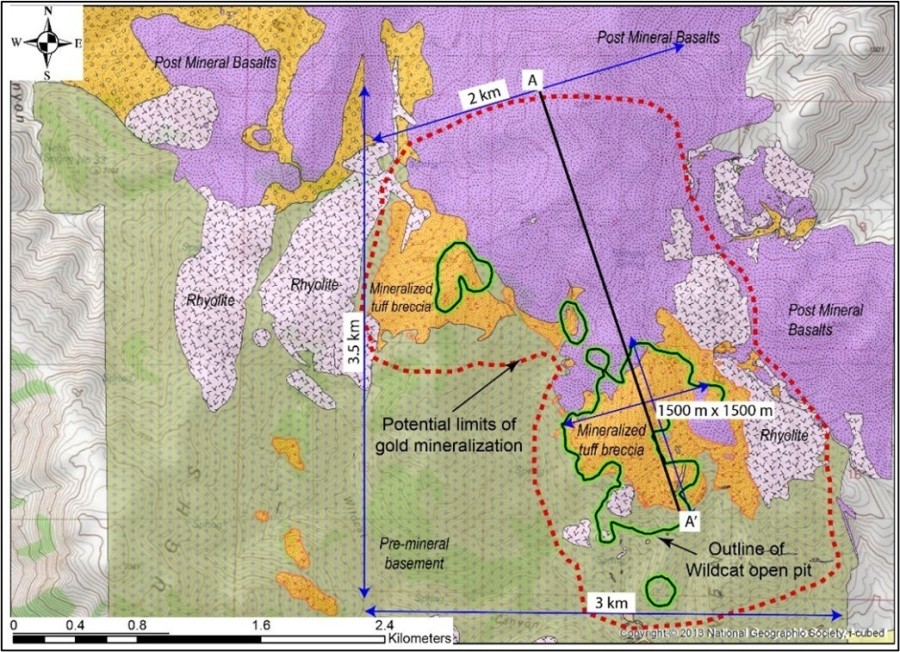 Figure 1: Wildcat Geologic Overview Map with Existing Pit and Mineralized Footprint

Commentary: the bulk of the known mineralization at Wildcat is located within a tuff breccia, with additional mineralization in the upper part of the granodioritic basement. The post-mineral basalts in the northern part of the deposit cover known mineralization in the tuff breccia (CNW Group/Millennial Precious Metals Corp.)
