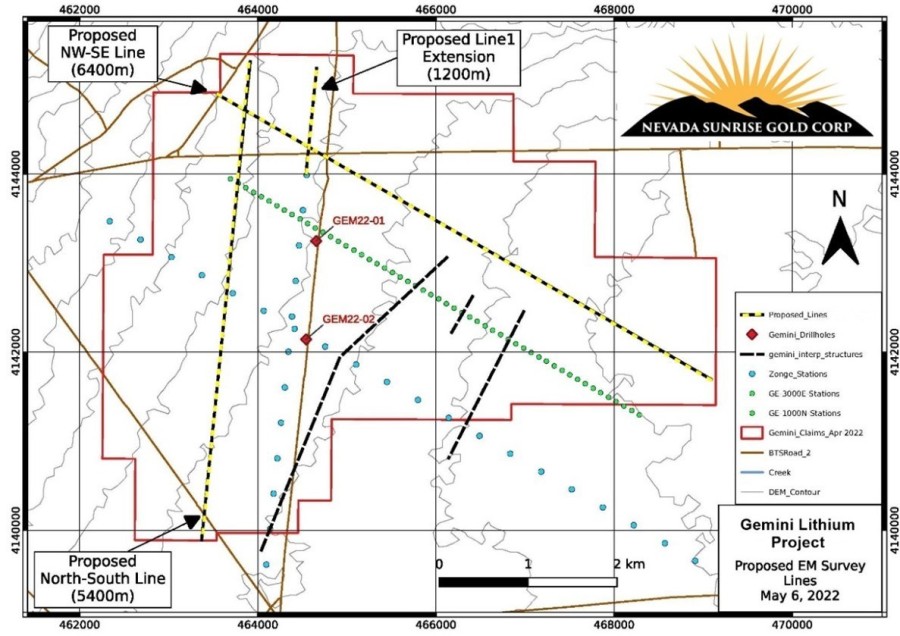 Fig. 1:  Gemini Lithium Project 2022 TDEM Survey Plan (CNW Group/Nevada Sunrise Gold Corporation)