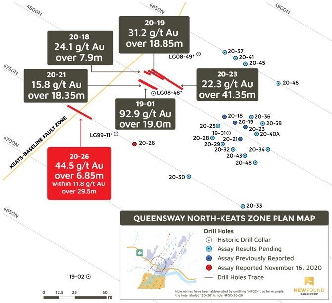 Figure 1. Drill hole collar and interval locations (CNW Group/New Found Gold Corp.)