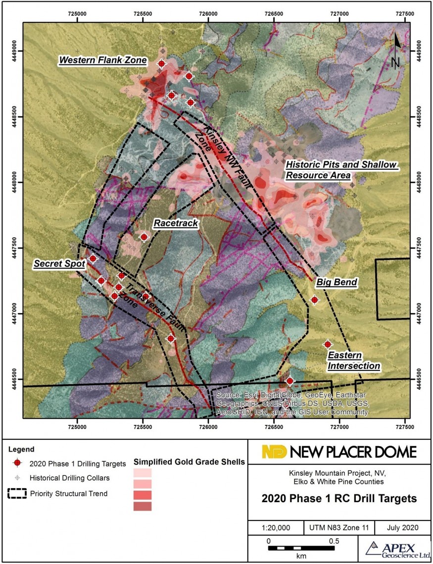 Figure 1: Kinsley Mountain Gold Project 2020 Planned Drill Holes and Gold Targets (CNW Group/New Placer Dome Gold Corp.)