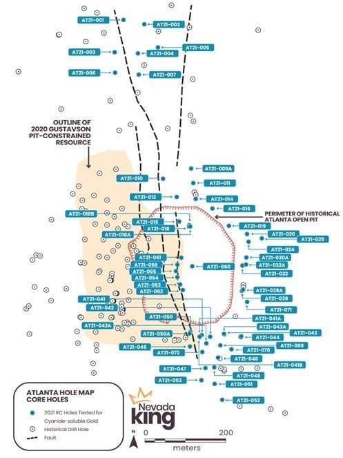 Figure 1.  Location of Nevada King’s 2021 drill holes analyzed for cyanide-soluble gold. Blue lines denote strands of Atlanta Mine Fault zone. (CNW Group/Nevada King Gold Corp.)