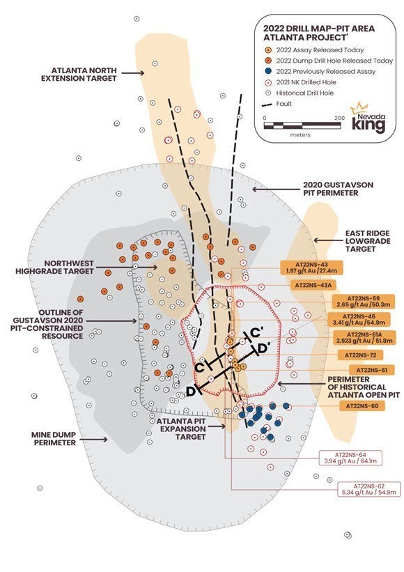 Figure 1. Location map for holes reported in this news release relative to the perimeter of the historical Atlanta Pit and 2020 Gustavson pit shell. (CNW Group/Nevada King Gold Corp.)