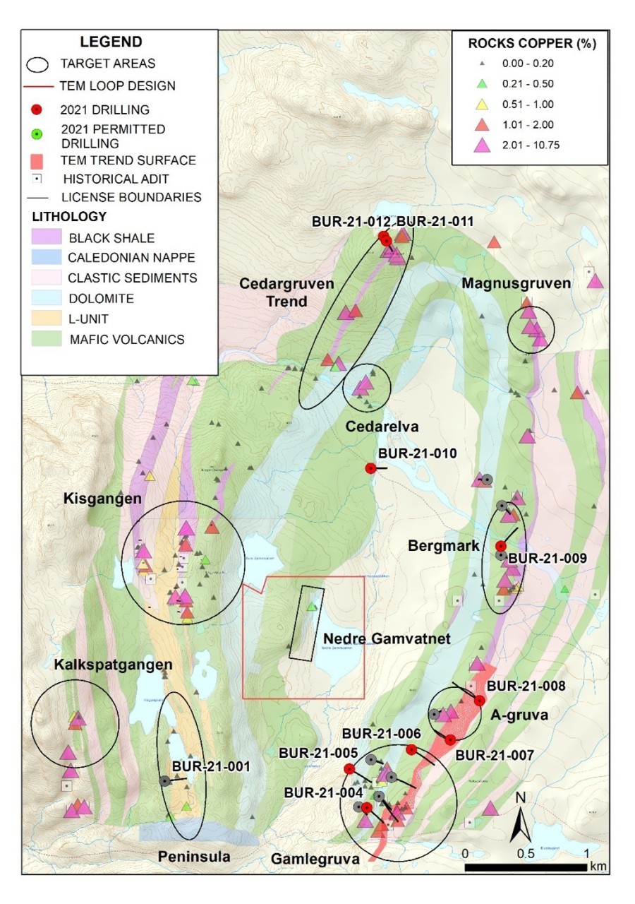 Figure 1.  Plan map showing, geology, anomalous rock sample (copper), target locations and 2021 drill hole locations. (CNW Group/Norden Crown Metals Corp.)