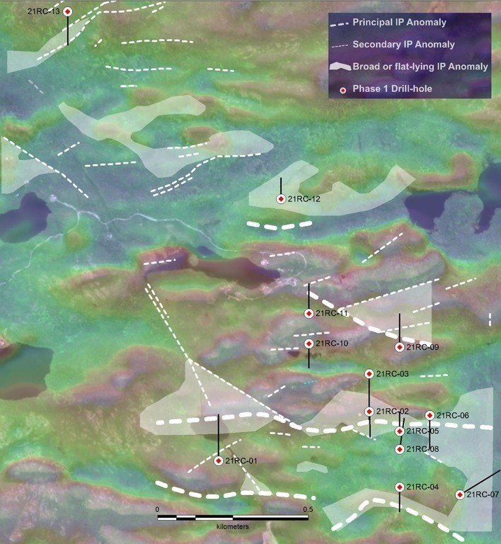 Location of phase 1 drill-holes plotted over total magnetic intensity. (CNW Group/Northern Shield Resources Inc.)